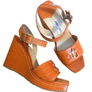 Jimmy Choo Croc Embossed Orange Leather Logo Wedge Sandals 40